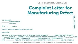 Complaint Letter for Manufacturing Defect - Sample Letter  Complaint Regarding Manufacturing Defect