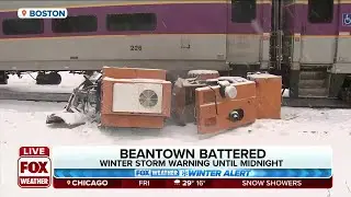 Train Hits Sidewalk Snowplow During Winter Storm In Boston