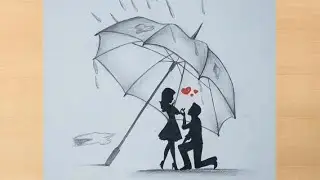 Pencil drawing of couple under roof of umbrella