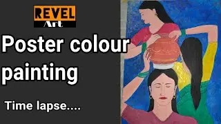 Poster painting, three girls carrying one pitcher, by many angles...
