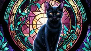 Black Cat Stained Glass Art Screensaver🕯️Moody Gothic Halloween Print for Samsung Frame TV Artwork