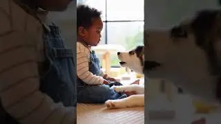 This cute funny toddler is having a beautiful talk with this husky puppy! 🐶