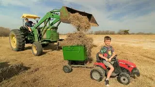 Moving hay and playing in the water with tractors | Tractors for kids