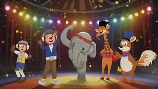 Joyful Circus Celebration  Anthropomorphic  Animals Dancing Under Colorful Lights and Confetti Rain