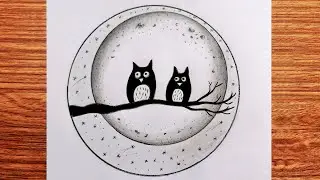 Easy circle drawing | Very Easy Owl Moonlight scenery drawing in circle step by step for beginners