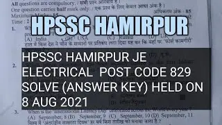 Hpssc Hamirpur JE electrical  Post Code 829 Solve (Answer Key) Held On 8 Aug 2021 || hpssc hpssb