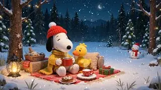 ❄️ Snoopy Cozy Snowy Night Picnic in the Forest ☕ Warm Lo-fi Beats, Campfire Light | Study & Chill