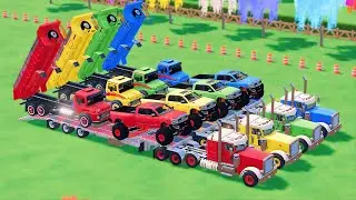 TRANSPORTING DODGE RAM, PETERBILT, DUMP TRUCK, COLORFUL CARS WITH TRUCK - FS22