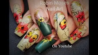 Butterfly Nail art on Long flower nails Diva