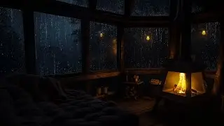 Rain on Cabin Roof at Night | Fireplace Sounds and Rainfall for Calm & Deep Sleep