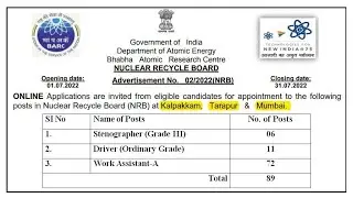 Bhabha Atomic Research Centre (BARC) NRB Recruitment 2022 | 89 Steno , Driver , Work Assistant Posts