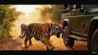 Tiger chasing tourist jeep in a reserve forest