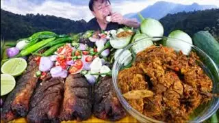 Food challenge fry fish, spicy mix masala fish with rice @chachachini-b8e green vegetables 