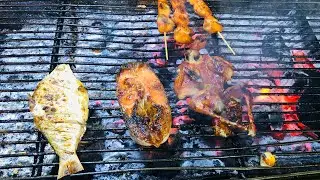 Only 1$ for Grilled fish/ BBQ quail on street food 😋, Dumex Market, Phnom Penh City