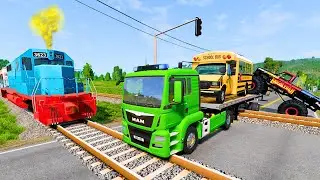 Quadruple Trucks Transporting cars with Flatbed Trailers | Cars vs Speedbump vs Train vs Pothole