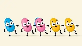 A horizontal row of colorful, bean-shaped cartoon characters (blue, pink, yellow) are dancing