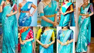 Sky Blue Saree Contrast Blouse Designs😍Blue Saree Matching Blouse Ideas