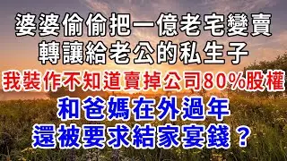 婆婆偷偷把一億老宅變賣，轉讓給老公的私生子，我裝作不知道賣掉公司80%股權，和爸媽在外過年還被要求結家宴錢，你家家宴與我何干？