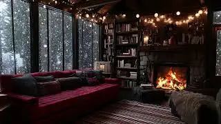 Cozy Winter Lounge Piano Ambience | Fireplace Warmth & Snowfall | Deep Focus Relax Meditation