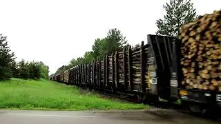 LONG TRAIN OF LOGS MOVING FAST PAST RURAL CROSSING! | Jason Asselin