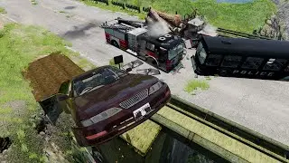 Insane Bridge Jump Chaos! Fiery Roadblock Leads to Epic Crashes &ndash; BeamNG.drive
