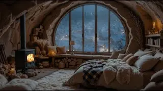 Winter Village View from a Cozy Cave Room ❄️ Fireplace & Blizzard Sounds | ASMR for Sleep & Relax