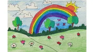 Rainbow Sunset Scenery Drawing & Colouring🌈🌄 | Pencil Colour Drawing