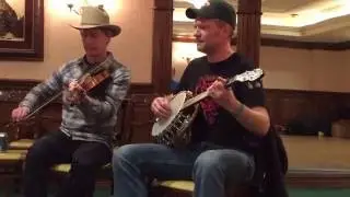 Sammy Lind and Caleb Klauder of Foghorn Stringband fiddle/banjo workshop at Durango Meltdown, 2016