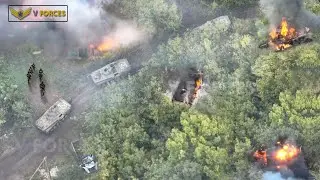 Ukrainian 54th Brigade Destroyed 4 tanks and Russian ammunition vehicles hiding in the forest