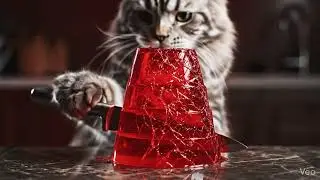 A Fluffy Cat Slowly Slicing a Red Crystal Jelly Tower ✨