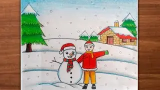 Snowman scenery drawing / Winter season  drawing /Snowman drawing
