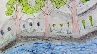 How to draw tree 🌲❤️ and mountain river easy step by step #art #viralvideo #drawing 