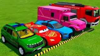 DACIA, MCQUEEN CAR سيارة ماكوين FORD POLICE CARS, AMBULANCE EMERGENCY TRANSPORTING WITH TRUCKS! #24