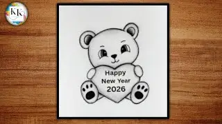 Happy New year drawing 2026/New year drawing/How to draw a cute taddy for new year/Happy New Year 🕛 
