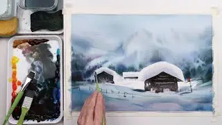 Watercolor Painting Process #06 | Negative Painting | SNOWY CABINS