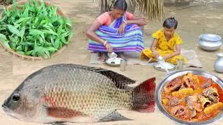 santali tribe mother cooking fish curry & kule khara shak recipe for her little girl ||  rural life