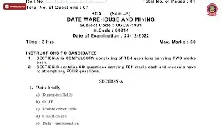 BCA 5TH SEM DATE WAREHOUSE AND MINING DEC 2022 | PTU
