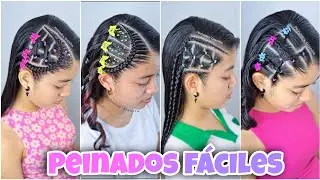 4 Ideas de peinados faciles con ligas y trenzas 🌈💜✨ | Peinados juveniles 🎀
