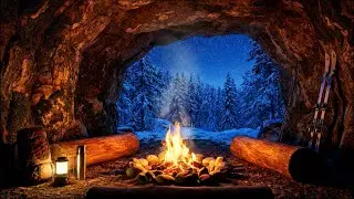 Cozy Winter Cave with Crackling Fire 🔥 | Snowy Forest Ambience for Sleep & Relax | 4K
