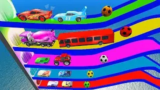 Cars vs Portal Trap With Slide Colors - McQueen The King Miguel Camino Tractor Bus - BeamNG.Drive