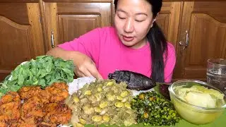Stink Bean Broad Bean & Sour Bamboo Shoots Eromba, Onion Fritter, Raw Pea Shoots, Fried Roasted fish