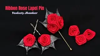 DIY Ribbon Rose Lapel Pin with Red Satin Ribbon. Easy Step-by-Step Tutorial.