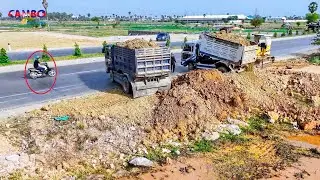 Great job! Expert Driver Dozer KOMATSU D31P pushing soilrock with 5Ton Dump Trucks unloading Filling