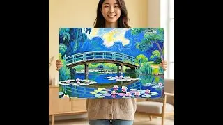 Reimagining Monet: Post-Impressionist Water Lily Pond Canvas | Modern Japanese Bridge Art