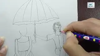 How To Draw Romantic Couple Under Umbrella | Step By Step Tutorial