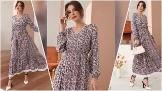 Elegant Floral V-Neck A-Line Dress with Lace Trim and Lantern Sleeves &ndash; Perfect for Spring & Fall