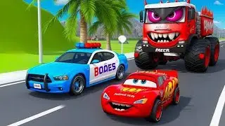 Pink and Red McQueen Attacked by Spider Monster!! Giant Wheel Police Car to the Rescue🚗🏎️💨