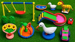 DIY How to make miniature polymer clay playground set with swing, slide, basketball, Ice cream cart