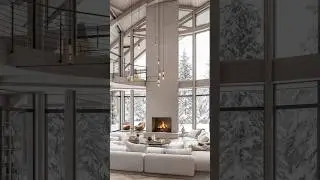 Arctic Glow Lodge | Cozy Nordic Winter Living Room with Fireplace & Snowy Forest Views