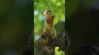 Baby common squirrel monkey searching for food on a tree & Meditation music verison 4